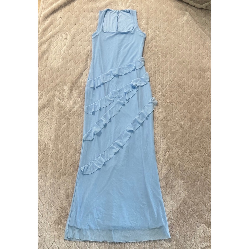 Light Blue Square Neck Ruffle Tiered Mesh Maxi Dress Sleeveless Formal Gown M - Picture 2 of 6